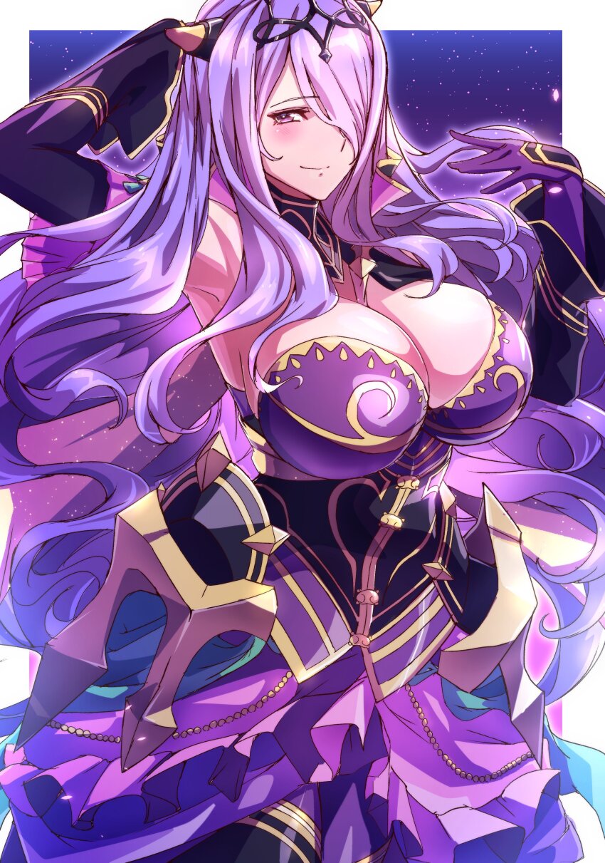 1girl, absurdres, armpits, breasts, camilla_(alluring_darkness)_(fire_emblem), camilla_(fire_emblem), cleavage, closed_mouth, fire_emblem, fire_emblem_fates, fire_emblem_heroes, gloves, hair_over_one_eye, highres, large_breasts, long_hair, looking_at_viewer, nintendo, official_alternate_costume, purple_eyes, purple_gloves, purple_hair, smile, solo, to_(tototo_tk), very_long_hair