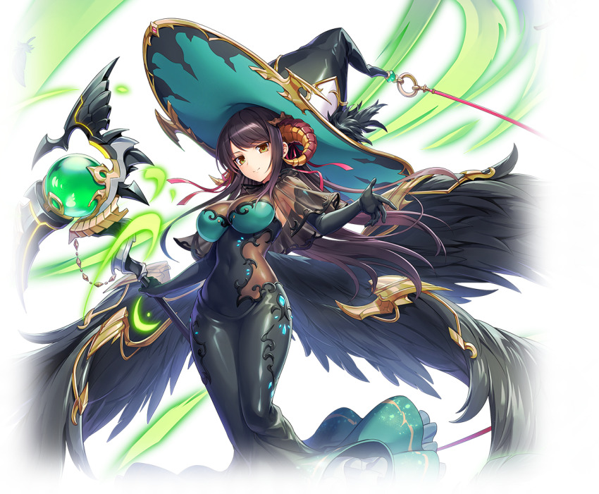 1girl, amon_(kamihime_project), armpits, artist_request, black_dress, black_gloves, black_hair, black_hat, black_wings, breasts, brown_eyes, capelet, closed_mouth, covered_navel, demon_horns, dress, elbow_gloves, falling_feathers, feathered_wings, feathers, gloves, gold_trim, halter_dress, halterneck, hat, hobble_dress, holding, holding_staff, horns, impossible_clothes, impossible_dress, kamihime_project, large_breasts, long_dress, long_hair, looking_at_viewer, mage_staff, o-ring, official_art, see-through_capelet, see-through_clothes, sleeveless, smile, solo, staff, transparent_background, wings, witch_hat