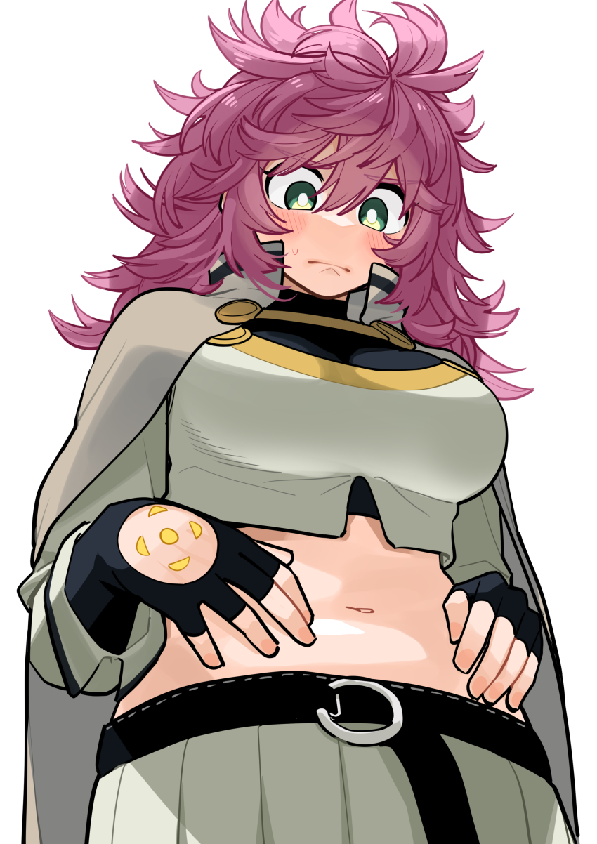 1girl, absurdres, belt, blush, breasts, cape, embarrassed, fingerless_gloves, gloves, green_eyes, hand_on_own_stomach, hand_tattoo, highres, kanke_(kank06020602), large_breasts, long_hair, looking_down, mamayuyu, messy_hair, navel, pink_hair, plump, skirt, tattoo, weight_conscious, wool_pool_elysia