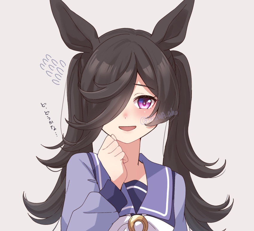 1girl, alternate_hairstyle, animal_ears, blush, bow, commentary_request, daiwa_uho, flying_sweatdrops