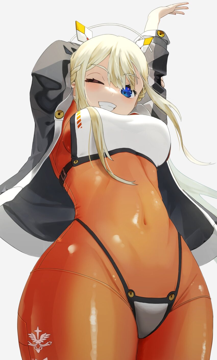 1girl, absurdres, black_jacket, blonde_hair, bodysuit, covered_navel, curvy, goddess_of_victory:_nikke, hair_between_eyes, highres, jacket, long_hair, long_sleeves, looking_at_viewer, one_eye_closed, open_clothes, open_jacket, orange_bodysuit, shinarika396, sidelocks, simple_background, smile, solo, teeth, thong, tove_(nikke), white_background, wide_hips