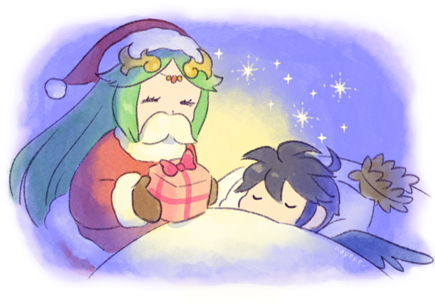 1boy, 1girl, ahoge, angel, angel_wings, black_hair, box, brown_gloves