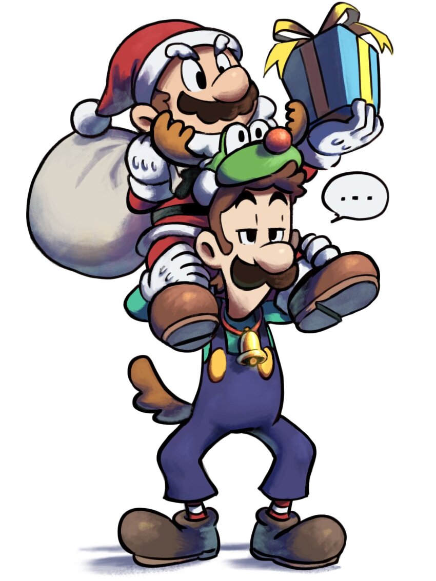 ..., 2boys, alternate_costume, antlers, blue_overalls, boots, brothers, brown_footwear, brown_hair, brown_tail, carrying, christmas, deer_antlers, deer_tail, facial_hair, fake_tail, full_body, gift, gloves, green_shirt, hat, highres, holding, holding_gift, holding_sack, horns, jacket, luigi, mario, mario_&amp;_luigi_rpg, mario_(santa), mario_(series), mario_kart, mario_kart_tour, masanori_sato_(style), multiple_boys, mustache, nintendo, overalls, pants, piggyback, red_jacket, red_pants, red_socks, sack, santa_hat, shirt, short_hair, siblings, simple_background, socks, speech_bubble, striped_clothes, striped_socks, tail, uninterested, white_background, white_gloves, white_socks, yamari_(ya_mari_6363), yoshi, yoshi_(reindeer)