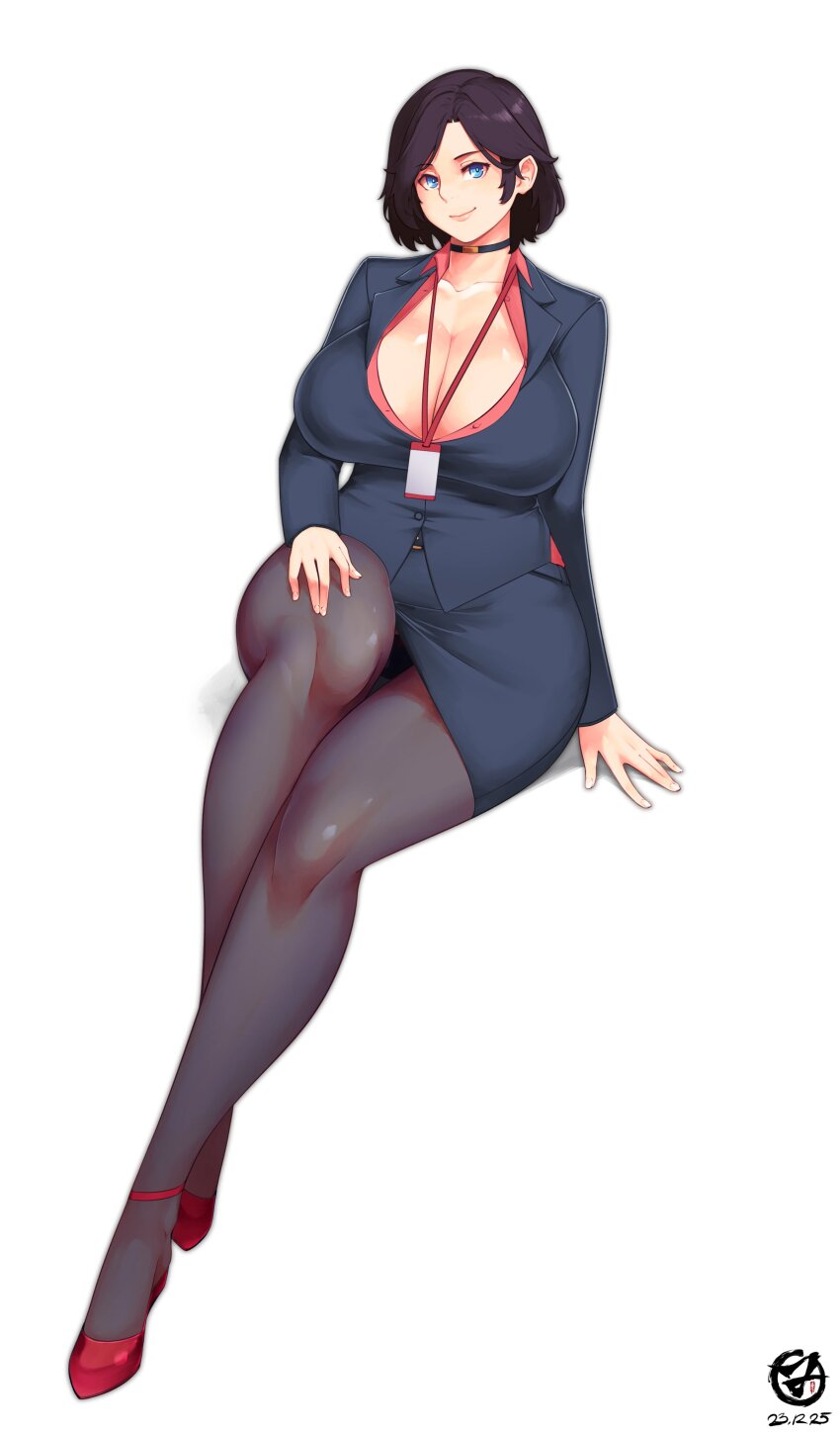 1girl, absurdres, black_choker, black_suit, blue_eyes, breasts, brown_hair, choker, cleavage, commentary, commission, dated, dress_shirt, english_commentary, formal_clothes, high_heels, highres, id_card, large_breasts, medium_hair, nachtness, office_lady, original, pantyhose, red_shirt, shirt, signature, simple_background, smile, solo, strappy_heels, suit