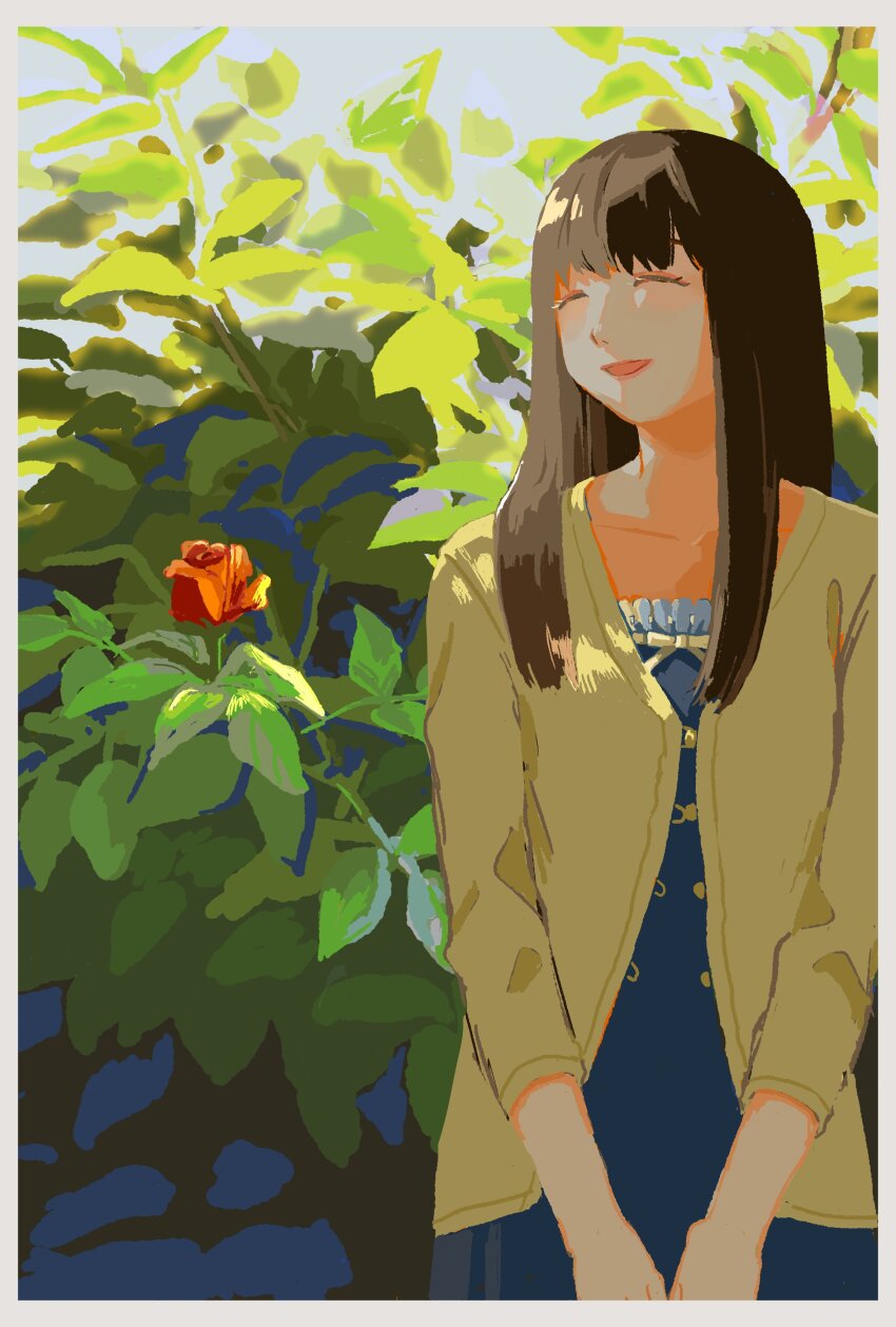 1girl, absurdres, bloom, blue_dress, border, brown_hair, bush, cardigan