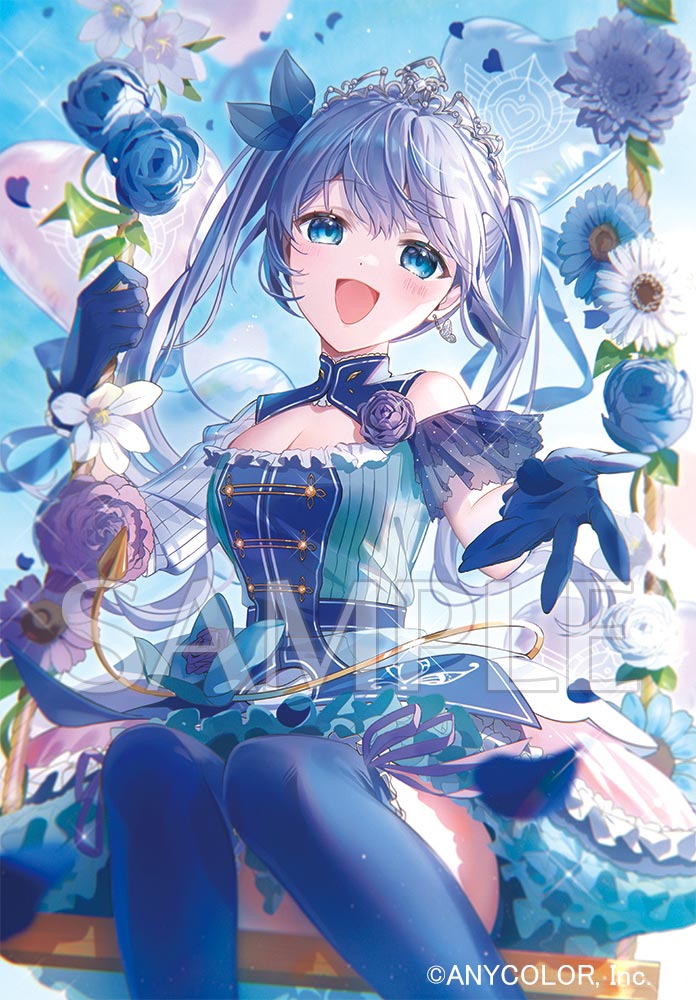 1girl, :d, aio_desu, aqua_bow, aqua_dress, asymmetrical_sleeves, balloon, beckoning, blue_bow, blue_dress, blue_eyes, blue_flower, blue_gloves, blue_hair, blue_rose, blue_thighhighs, bow, breasts, butterfly_earrings, cleavage, cleavage_cutout, clothing_cutout, copyright_notice, corsage, dahlia, day, dress, earrings, feet_out_of_frame, flower, flower_swing, gerbera, gloves, hair_bow, heart_balloon, jewelry, knees_together_feet_apart, light_blush, long_hair, long_sleeves, looking_at_viewer, nijisanji, official_art, on_swing, open_mouth, petticoat, pinstripe_pattern, purple_flower, purple_ribbon, purple_rose, ribbon, rose, sample_watermark, see-through_clothes, see-through_sleeves, short_sleeves, shorts_under_dress, single_bare_shoulder, single_earring, sitting, smile, solo, striped, swing, thighhighs, tiara, virtual_youtuber, waist_bow, watermark, white_flower, white_rose, wispy_bangs, yuuki_chihiro, yuuki_chihiro_(12th_costume)