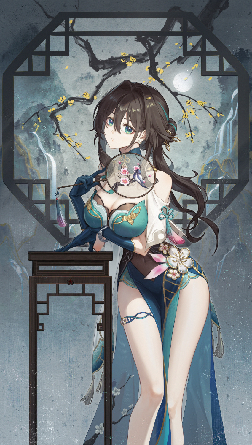1girl, absurdres, animal_print, aqua_dress, bare_shoulders, bird_print, blue_gloves, branch