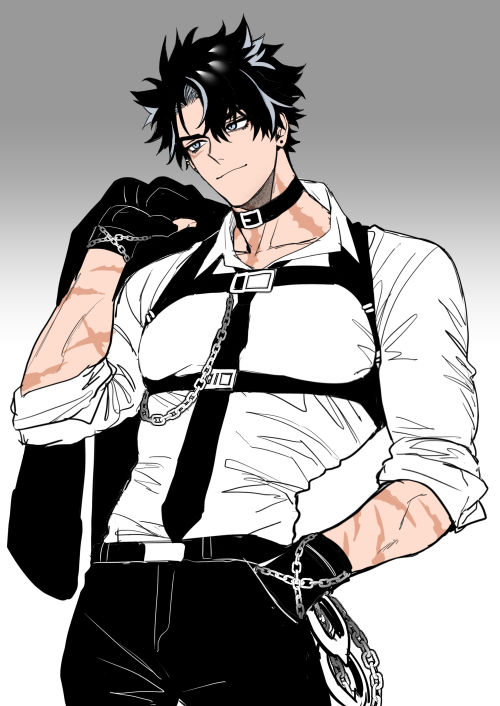 1boy, belt, black_belt, black_choker, black_gloves, black_hair, black_necktie, black_pants, blue_eyes, chain, chest_harness, choker, chou_yeon-ju, colored_skin, cowboy_shot, cuffs, earrings, facial_scar, fingerless_gloves, genshin_impact, gloves, gradient_background, grey_background, hand_in_pocket, harness, holding, holding_unworn_clothes, jewelry, kwon_haebeom, leather, leather_choker, looking_ahead, male_focus, multicolored_hair, necktie, onegingek, our_sunny_days, pants, scar, scar_on_arm, scar_on_cheek, scar_on_face, scar_on_neck, shirt, short_hair, simple_background, sleeves_rolled_up, smile, solo, standing, stud_earrings, sung_ho, tight_clothes, unknown_seong, white_background, white_shirt, white_skin, wriothesley_(genshin_impact)