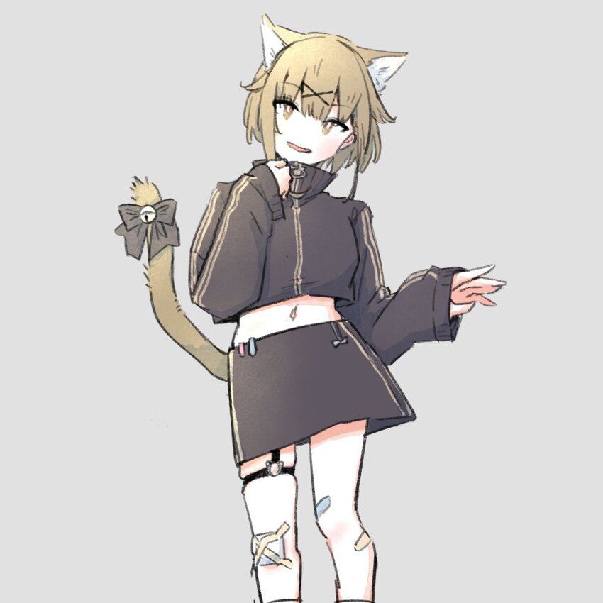 1girl, absurdres, bandaid, bandaid_on_leg, bell, black_skirt, black_sweater, breasts