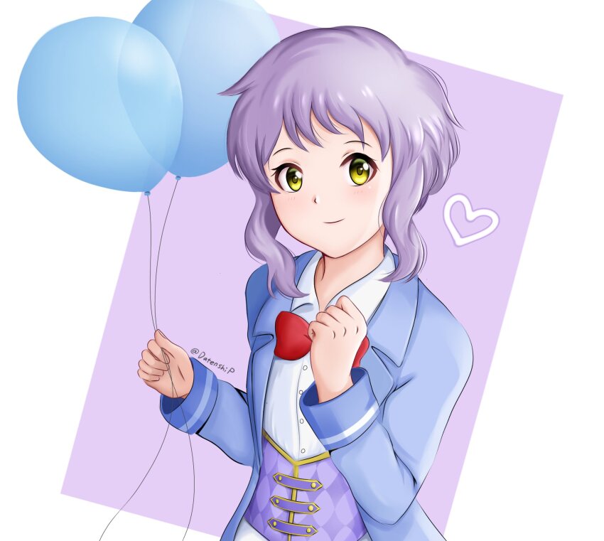 1girl, balloon, blue_jacket, blush, bow, bowtie, clenched_hand, commentary_request