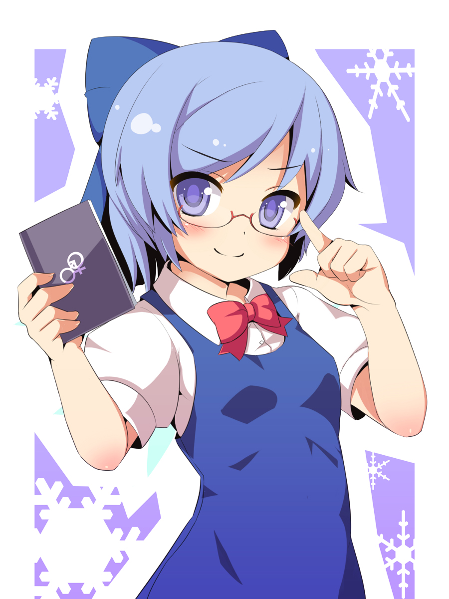 >:), 1girl, bespectacled, blue_eyes, blue_hair, blush, book, bow