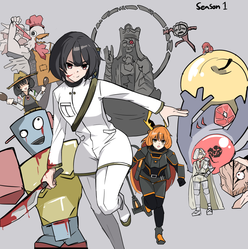 5girls, absurdres, aida_(project_moon), antlers, armor, black_armor, black_hair, blood