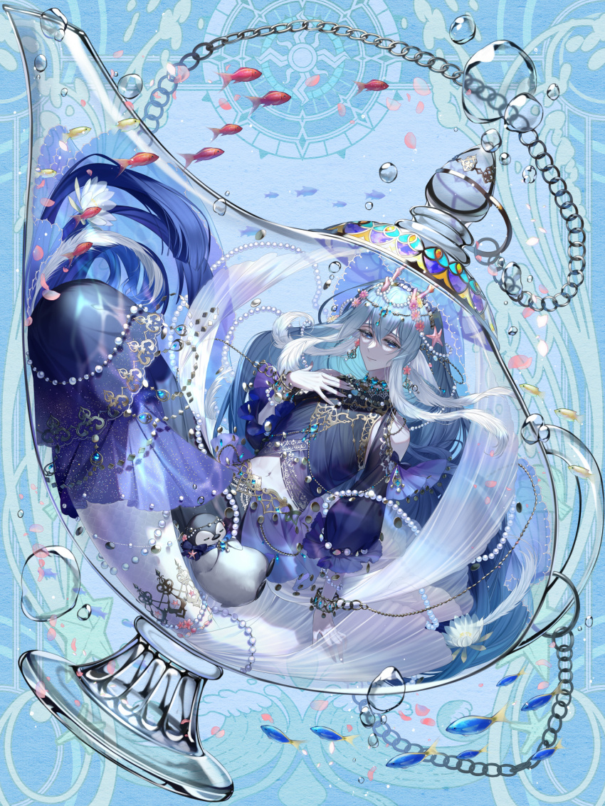 1boy, air_bubble, androgynous, beads, bird, black_shirt, black_skirt, blue_background