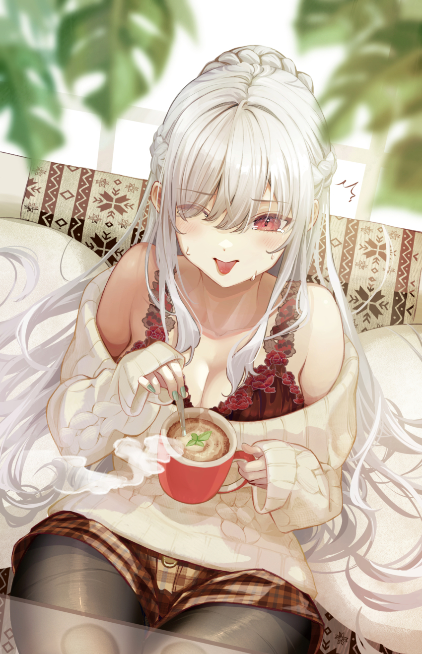 1girl, bare_shoulders, black_pantyhose, blurry, blurry_foreground, braid, braided_bun, breasts, burnt_tongue, cleavage, coffee, commentary_request, cup, disposable_cup, drink, green_nails, hair_bun, hair_over_eyes, highres, holding, holding_drink, holding_spoon, ito_lab, leaf, light_blush, lingerie, long_bangs, long_hair, medium_breasts, mint, mug, nail_polish, off-shoulder_sweater, off_shoulder, one_eye_closed, original, pantyhose, red_eyes, single_hair_bun, solo, spoon, steam, stirring, sweat, sweater, tearing_up, tongue, tongue_out, underwear, white_hair