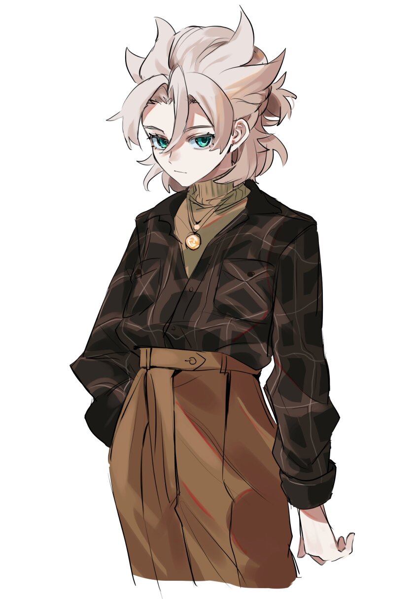 1boy, absurdres, albedo_(genshin_impact), alternate_costume, bishounen, breast_pocket, brown_pants, buttons