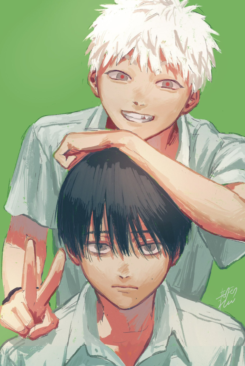 2boys, black_hair, fang, green_background, grey_eyes, highres, hikaru_ga_shinda_natsu, indou_hikaru