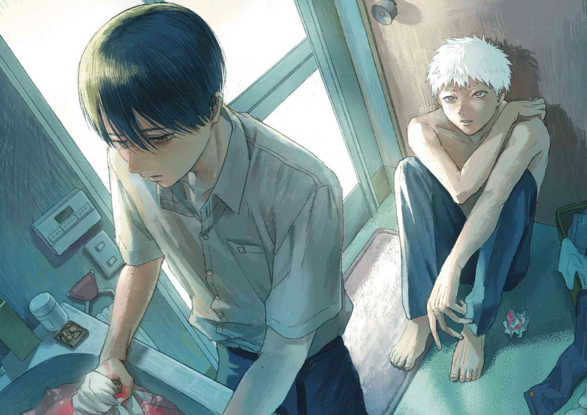 2boys, bathroom, black_hair, blood, feet, grey_eyes, highres, hikaru_ga_shinda_natsu, indou_hikaru, male_focus, mokumokuren_(mokmok_len), multiple_boys, red_pupils, school_uniform, topless_male, tsujinaka_yoshiki, white_hair