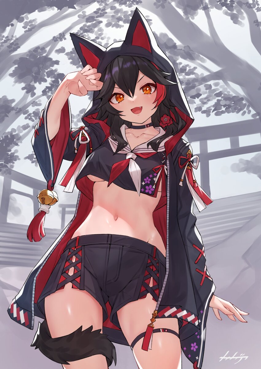 1girl, absurdres, animal_ears, arpeggio_kaga, black_hair, black_jacket, black_shorts, blush