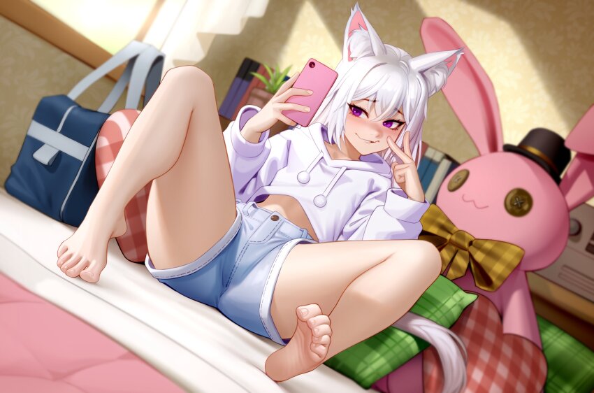 1girl, absurdres, animal_ears, barefoot, blush, breasts, cellphone, commission, feet, foot_focus, highres, kairunoburogu, legs, midriff_peek, original, phone, purple_eyes, shiro_(lpgamingu), short_hair, shorts, sitting, smile, soles, solo, spread_legs, thighs, toe_scrunch, toenails, toes, v, white_hair, wrinkled_feet