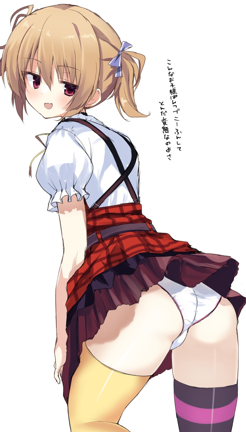 1girl, arm_at_side, ass, asymmetrical_legwear, blue_bow, blush, bow, brown_hair