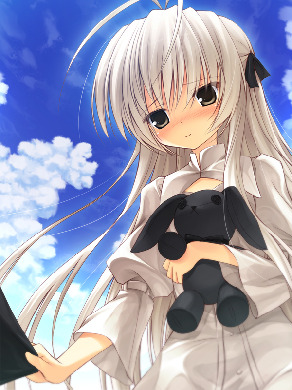 1girl, blush, brown_eyes, cuffs_(company), dress, female_focus, hair_ribbon, kasugano_sora