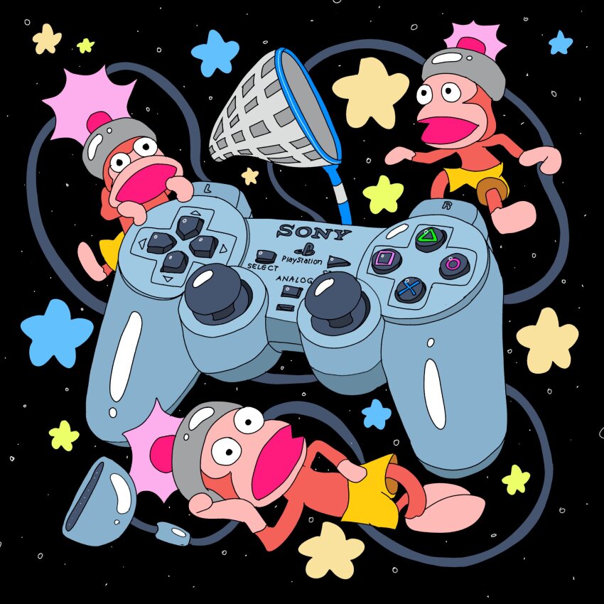 3others, black_background, butterfly_net, commentary, controller, dualshock, english_commentary, game_console, game_controller, guppiesz, hand_net, highres, monkey, multiple_others, playstation_1, playstation_controller, product_placement, saru_getchu, wire