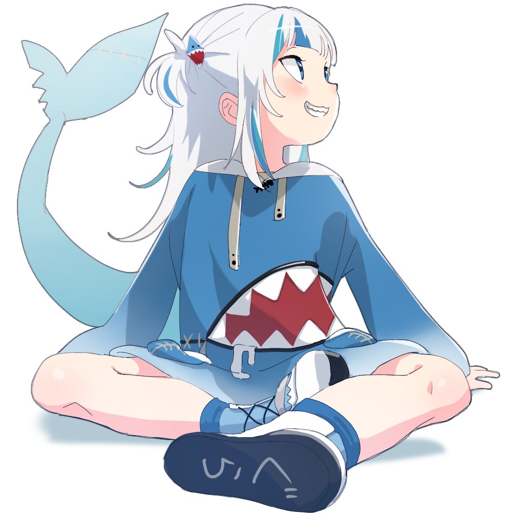 1girl, blue_eyes, blue_footwear, blue_hair, blue_hoodie, fins, fish_tail, full_body, gawr_gura, gawr_gura_(1st_costume), hair_ornament, hololive, hololive_english, hood, hoodie, long_hair, long_sleeves, makugiga, multicolored_hair, shark_girl, shark_hair_ornament, shark_tail, sharp_teeth, sitting, smile, streaked_hair, tail, teeth, virtual_youtuber, white_background