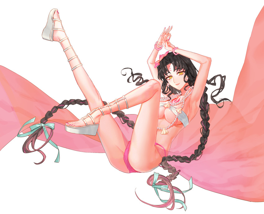 1girl, arms_up, bamcream, bikini, black_hair, bracelet, braid, breasts