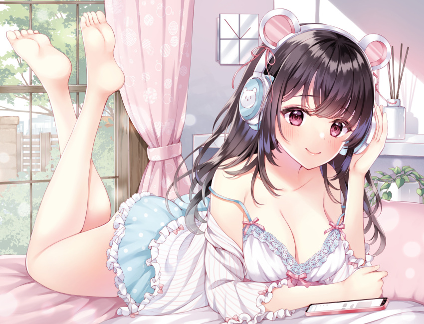 1girl, animal_ear_headphones, animal_ears, ass, babydoll, barefoot, bear_ear_headphones, bear_ears, bed, bed_sheet, black_hair, blue_shorts, blush, breasts, building, cellphone, city, cleavage, closed_mouth, collarbone, day, fake_animal_ears, feet, hair_ribbon, headphones, highres, indoors, leaf, legs, long_hair, looking_at_viewer, lying, mintsu_(ichi--kun), non-web_source, on_bed, on_stomach, original, phone, pillow, plant, polka_dot, polka_dot_shorts, purple_eyes, ribbon, shelf, shorts, sleepwear, smartphone, smile, soles, solo, the_pose, toes, tree, white_babydoll, window