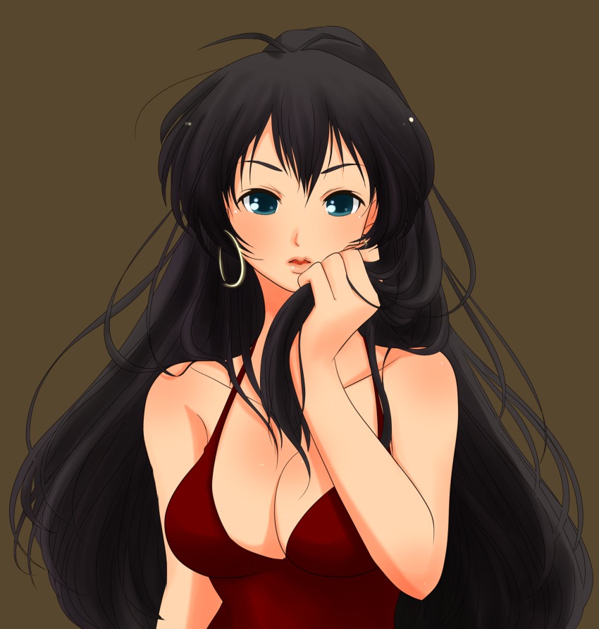 1girl, bare_shoulders, black_hair, blue_eyes, breasts, cleavage, dress, earrings