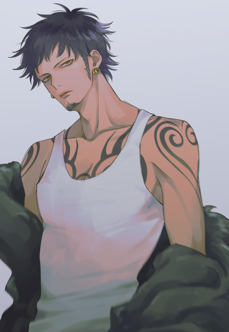 1boy, black_hair, chest_tattoo, earrings, facial_hair, goatee, jewelry, lips