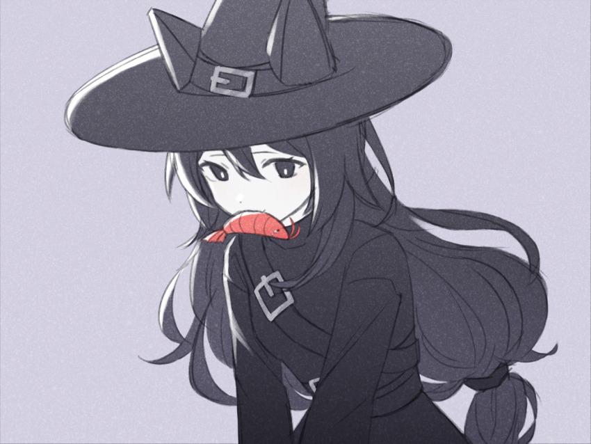 1girl, 2girls, animal_ears, animal_in_mouth, belt, black_dress, black_eyes, black_hair, black_headwear, cat_ears, cat_girl, chlomaki_(funamusea), colored_skin, dress, funamusea, grey_background, lobco_(funamusea), lobster, long_hair, long_sleeves, low-tied_long_hair, meeako, multiple_girls, oounabara_to_wadanohara, solo, solo_focus, white_background, white_skin