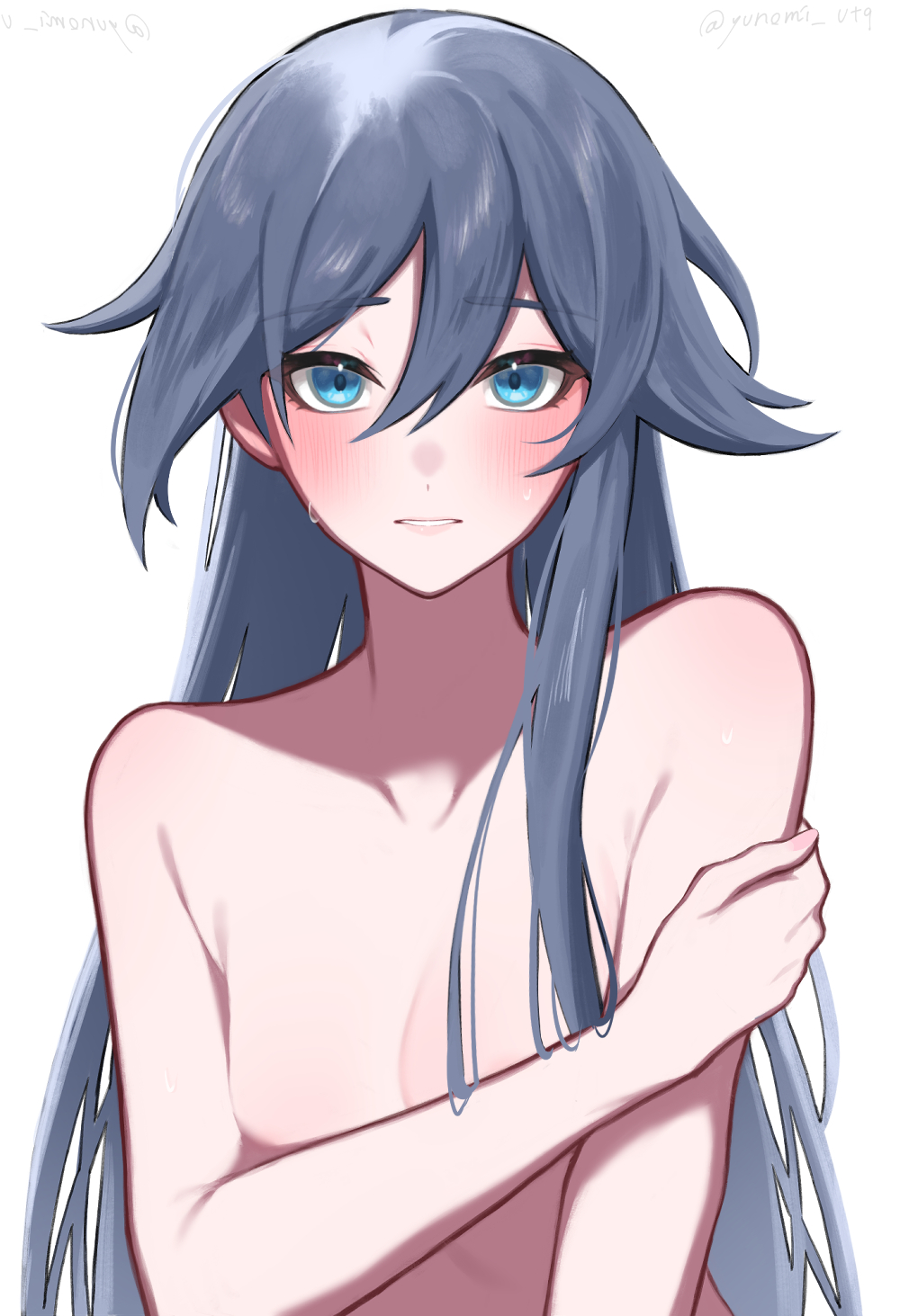 1girl, blue_eyes, blue_hair, breasts, completely_nude, covered_erect_nipples, fu_hua, grey_hair, hair_between_eyes, highres, honkai_(series), honkai_impact_3rd, long_hair, nude, simple_background, small_breasts, solo, sweat, sweatdrop, upper_body, white_background, yunomi_(yunomi_hs)
