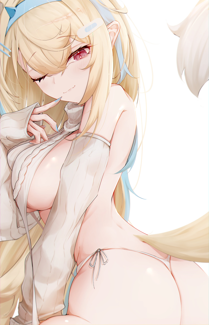1girl, absurdres, animal_ears, ass, blonde_hair, blue_hair, blue_nails, breasts, detached_sleeves, dog_ears, dog_girl, dog_tail, fuwawa_abyssgard, hair_between_eyes, hairband, highres, hololive, hololive_english, large_breasts, multicolored_hair, nail_polish, omaigoodgoodeat, one_eye_closed, pink_eyes, sideboob, simple_background, smile, solo, streaked_hair, tail, thong, virgin_destroyer_sweater, virtual_youtuber, white_background
