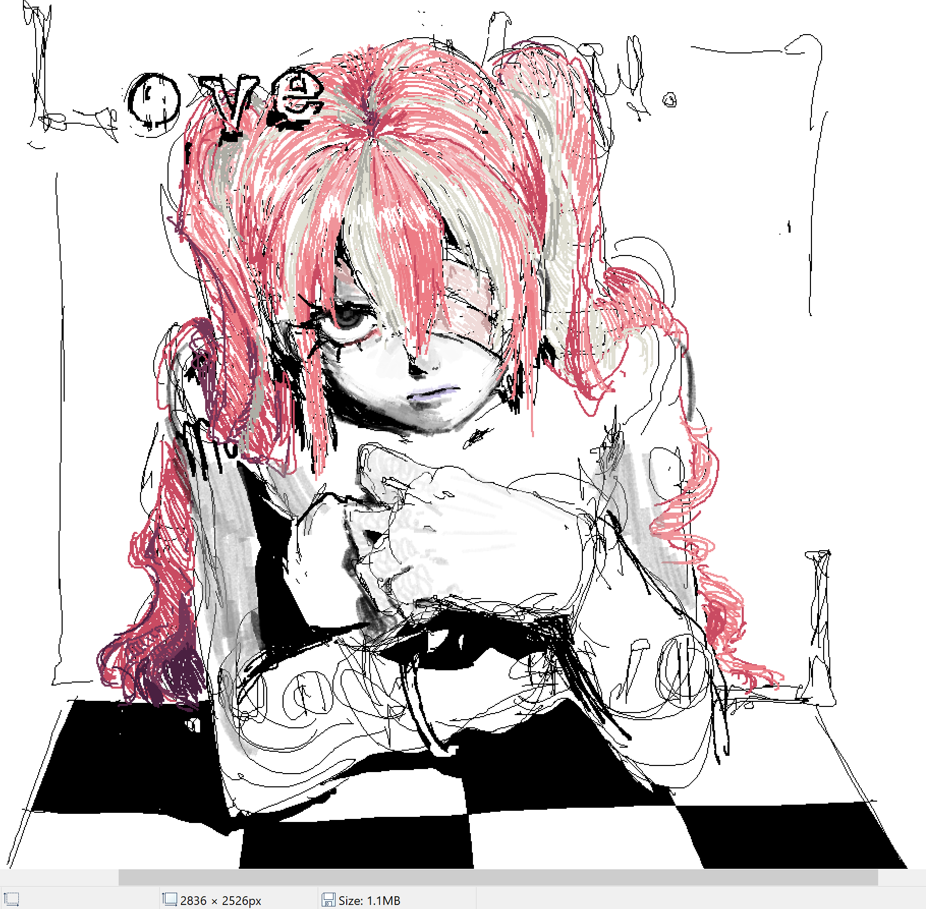 bandage_over_one_eye, checkered_design, henriettasdfkj, highres, red_hair, slave.v-v-r, tagme, vocaloid