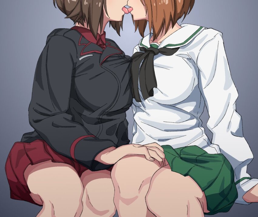10s, 2girls, breast_press, brown_hair, french_kiss, girls_und_panzer, green_skirt, grey_background