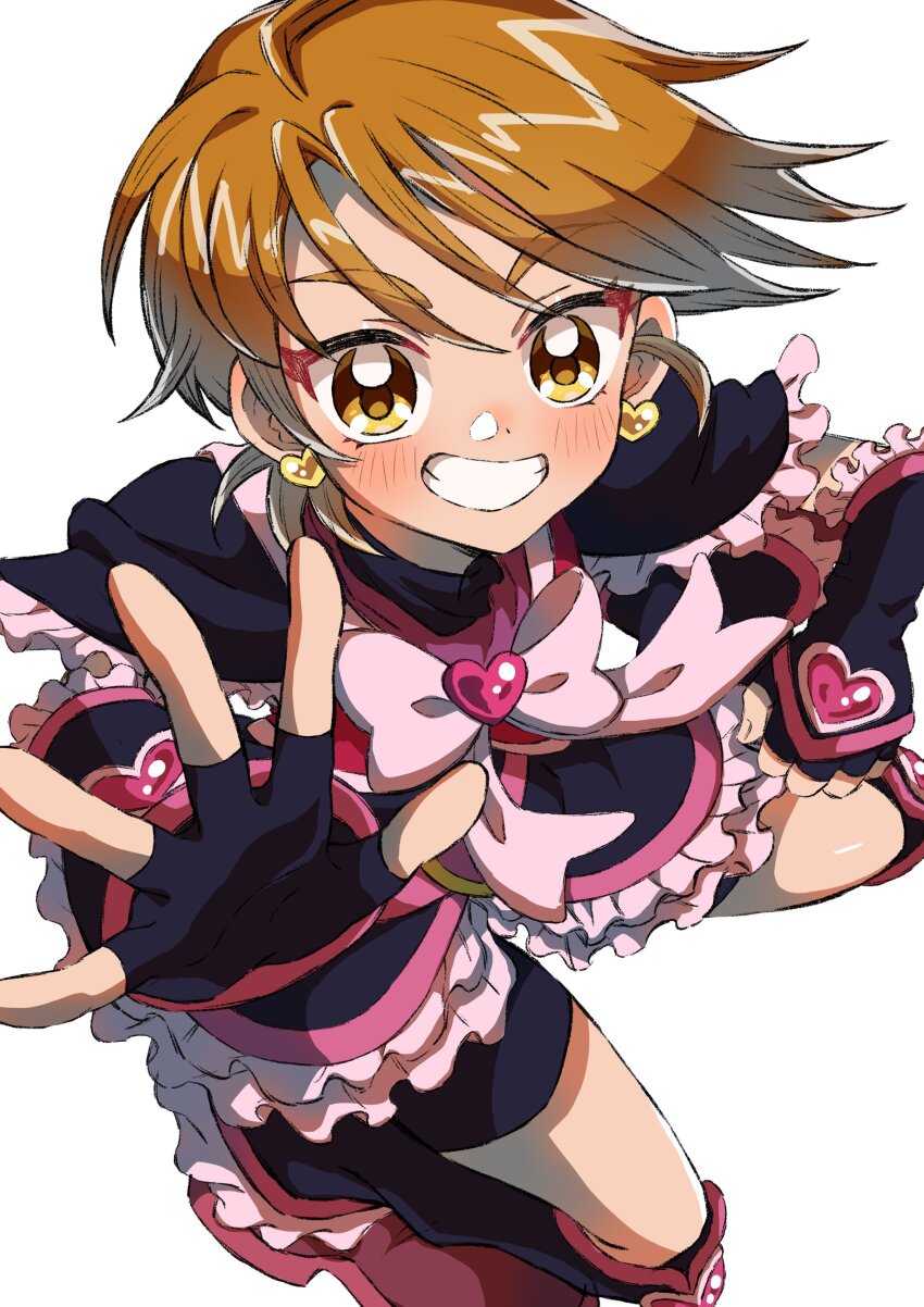 1girl, absurdres, arm_warmers, bike_shorts, bike_shorts_under_skirt, black_arm_warmers, black_gloves, black_leg_warmers, black_shirt, black_shorts, black_skirt, blush, boots, bow, brown_eyes, brown_hair, commentary_request, cure_black, earrings, eyelashes, fingerless_gloves, frilled_shirt, frilled_skirt, frills, futari_wa_precure, futari_wa_precure_max_heart, gloves, happy, heart, heart_earrings, highres, jewelry, leg_warmers, looking_at_viewer, magical_girl, misumi_nagisa, natsuta_hiro, precure, shirt, short_hair, shorts, shorts_under_skirt, simple_background, skirt, smile, solo, white_background