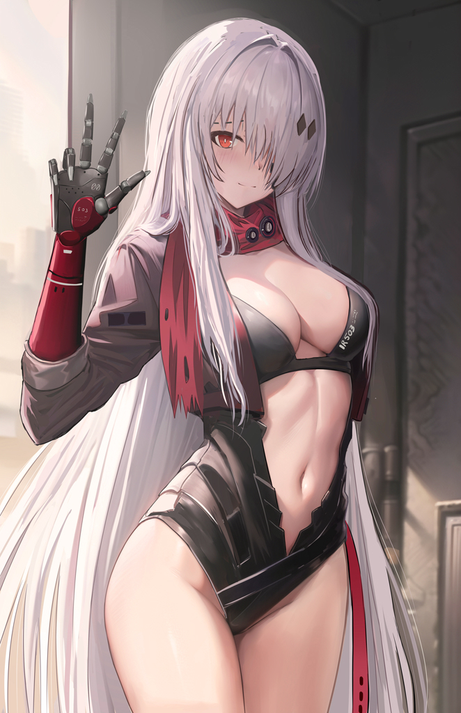 1girl, alpha_(pgr), armor, armored_leotard, asymmetrical_bangs, asymmetrical_hair, black_bra, black_leotard