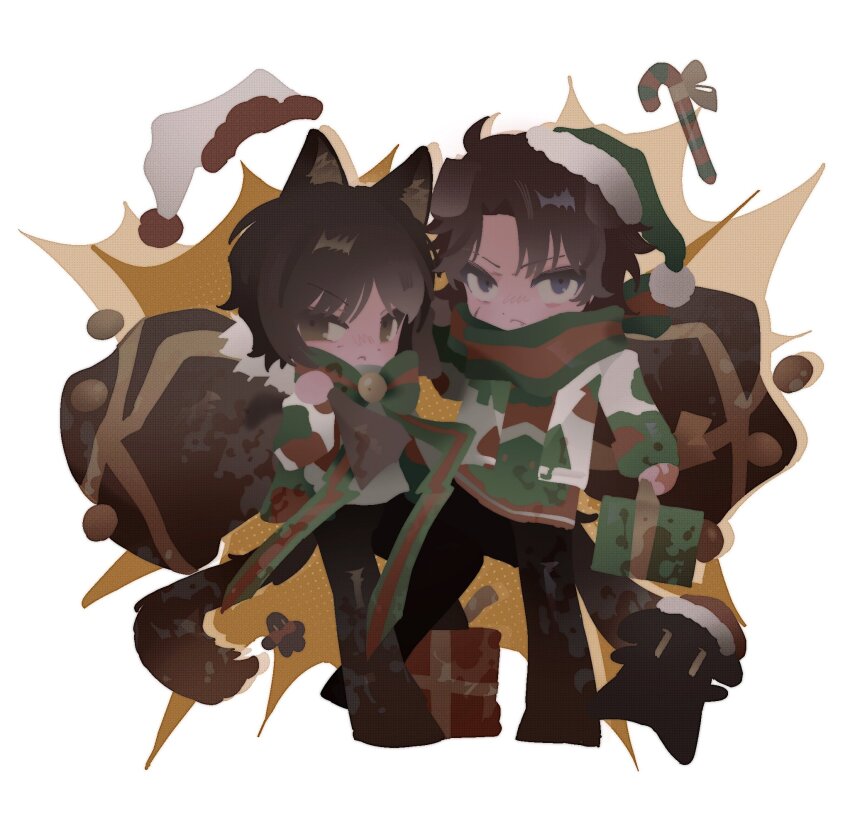 1boy, 1girl, animal_ears, bow, bowtie, brown_eyes, brown_hair, candy