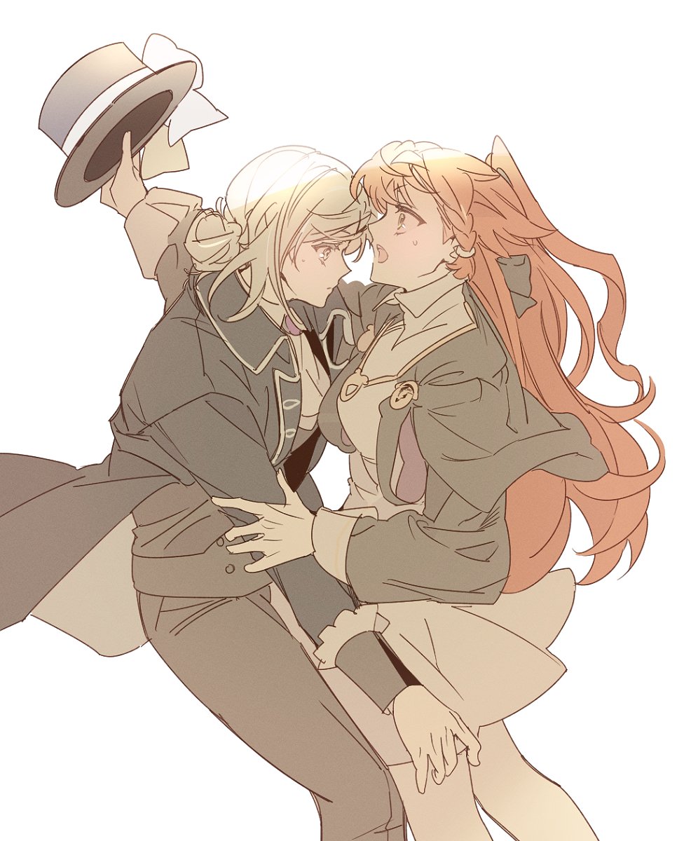 24heeju, 2girls, black_bow, black_coat, black_headwear, black_pants, black_vest, bow