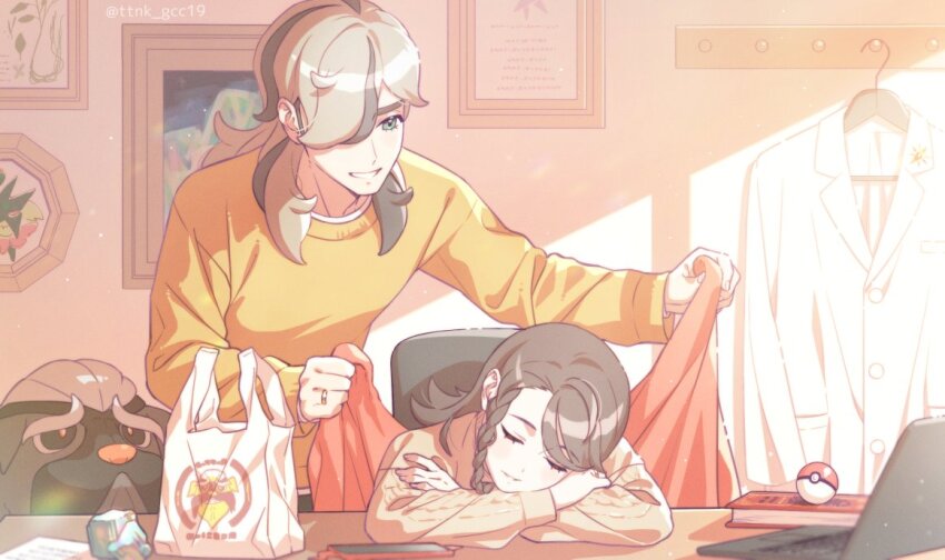 1boy, 1girl, aged_up, arven_(pokemon), book, braid, brown_hair, closed_eyes, coat, computer, covering_with_blanket, green_eyes, hair_over_one_eye, head_on_table, jewelry, juliana_(pokemon), laptop, light_brown_hair, long_hair, mabosstiff, meowscarada, multicolored_hair, nintendo, poke_ball, poke_ball_(basic), pokemon, pokemon_scarlet_and_violet, ring, side_braid, sleeping, slice_of_life, smile, sweater, ttnk_gc19, wedding_ring, white_coat