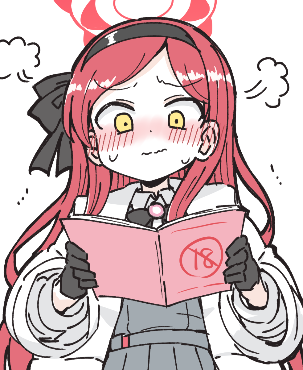 black_gloves, black_hairband, blue_archive, blush, closed_mouth, collared_shirt, commentary_request, dress, gloves, grey_dress, guriin, hairband, halo, holding, jacket, long_hair, nose_blush, open_clothes, open_jacket, pinafore_dress, pleated_dress, pornography, red_hair, shirt, simple_background, sleeveless, sleeveless_dress, sweat, swept_bangs, takane_(blue_archive), very_long_hair, wavy_mouth, white_background, white_jacket, white_shirt, yellow_eyes