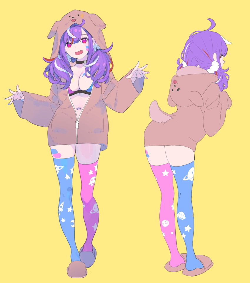 :d, animal_ears, animal_hood, asymmetrical_legwear, bikini, bikini_under_clothes, blue_thighhighs, breasts, brown_footwear, brown_jacket, cleavage, dog_ears, dog_hood, dog_tail, enkyo_yuuichirou, highres, hood, hood_down, hood_up, hooded_jacket, jacket, long_hair, low_twintails, medium_breasts, mismatched_legwear, mono_monet, multicolored_hair, navel, official_art, open_mouth, pink_thighhighs, profile, purple_hair, red_eyes, red_hair, simple_background, slippers, smile, streaked_hair, swimsuit, tail, thighhighs, twintails, v4mirai, virtual_youtuber, white_hair, yellow_background