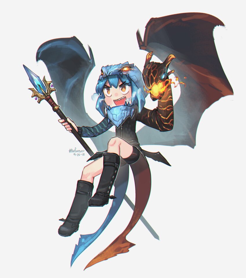 1girl, :d, absurdres, black_boots, black_jacket, black_shorts, blue_hair, boots, commentary, dota_(series), dota_2, dragon_girl, dragon_tail, dragon_wings, english_commentary, full_body, grey_background, highres, holding, holding_scepter, jacket, jakiro_(dota), knee_boots, long_sleeves, open_mouth, porforever, scepter, sharp_teeth, short_hair, shorts, simple_background, smile, solo, tail, teeth, v-shaped_eyebrows, wings, yellow_eyes