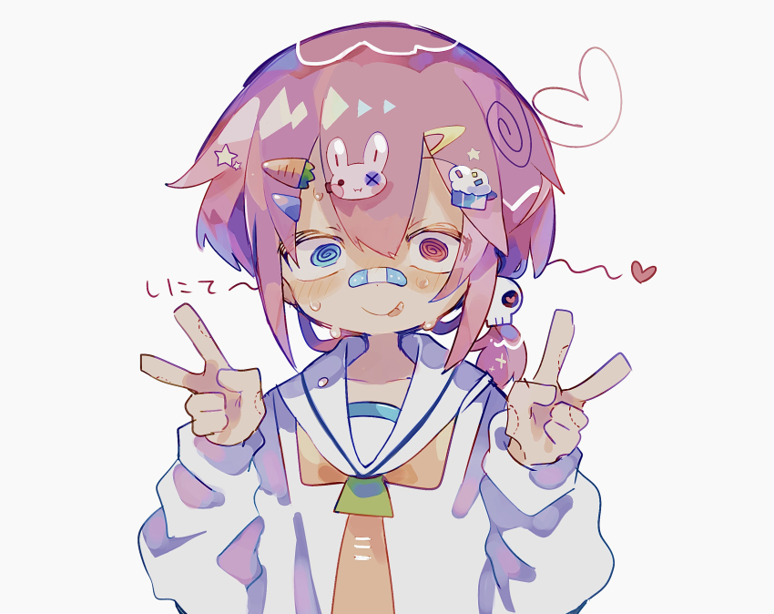 1boy, @_@, bandaid, bandaid_on_face, bandaid_on_nose, blue_eyes, blush, carrot, carrot_hair_ornament, cupcake, cupcake_hair_ornament, double_v, food, food-themed_hair_ornament, hair_between_eyes, hair_clipper, hair_ornament, hairclip, hands_up, heart, heterochromia, highres, long_sleeves, looking_at_viewer, male_focus, necktie, nervous_sweating, orange_necktie, original, pink_hair, ponytail, rabbit, rabbit_hair_ornament, raito-kun_(uenomigi), red_eyes, sailor_collar, shirt, short_hair, short_ponytail, sidelocks, simple_background, skull, skull_hair_ornament, solo, star_(symbol), star_hair_ornament, striped_collar, sweat, tongue, tongue_out, trap, uenomigi, upper_body, v, white_background, white_shirt, yume_kawaii