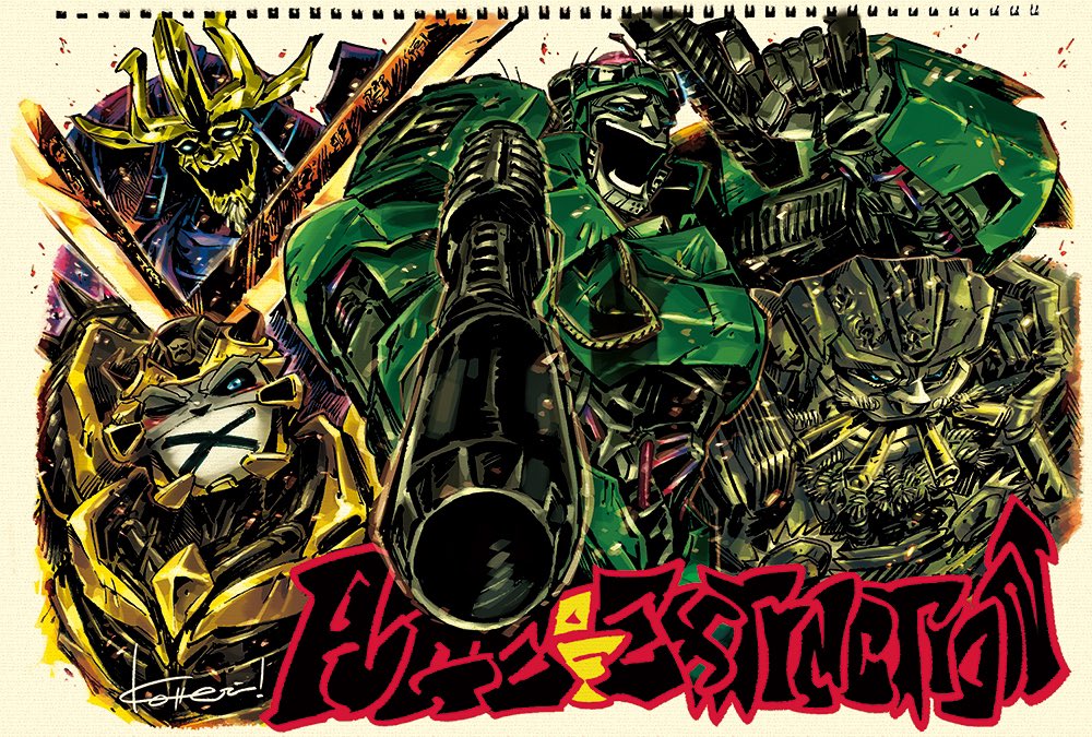 autobot, bumblebee_(transformers), commentary, copyright_name, crosshairs_(transformer), drift_(transformers), gun, helmet, holding, holding_weapon, hound_(transformers), kotteri, looking_at_viewer, mecha, rifle, robot, smile, sword, transformers, transformers:_age_of_extinction, transformers_(live_action), weapon