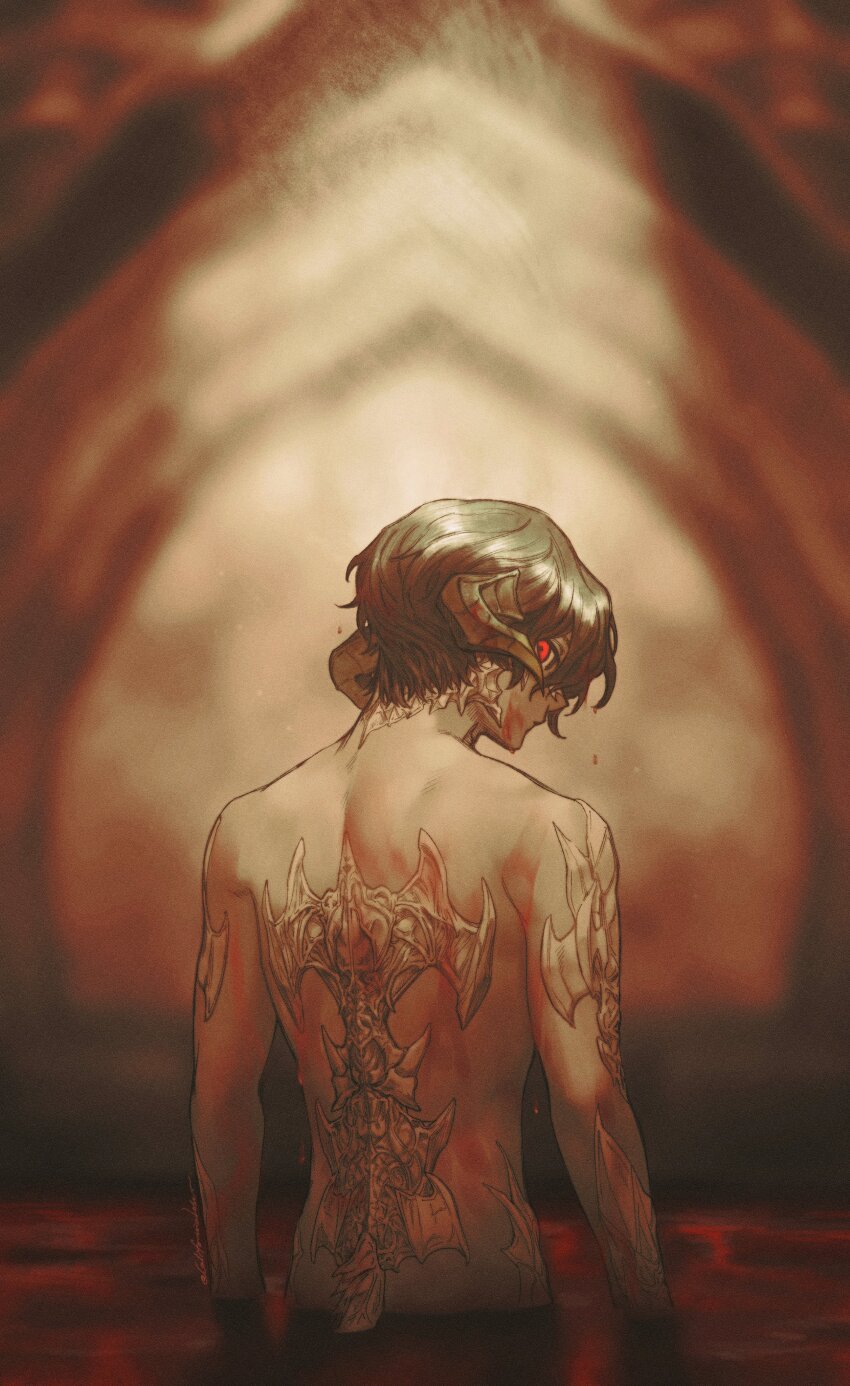 1boy, absurdres, arms_at_sides, au_ra, back, back_focus, black_hair, blurry