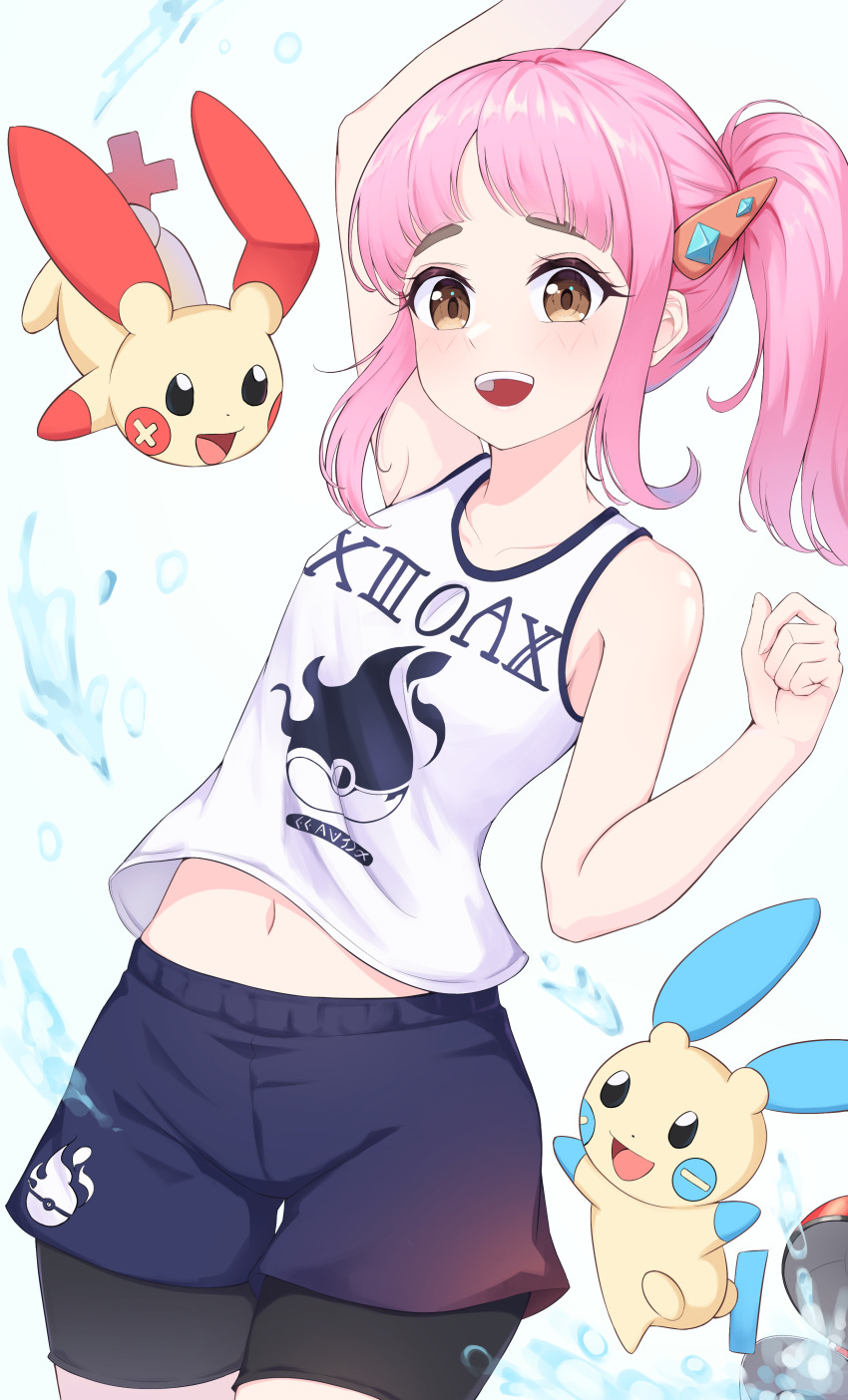 1girl, absurdres, alternate_costume, arm_up, bare_arms, bike_shorts, bike_shorts_under_shorts, blush