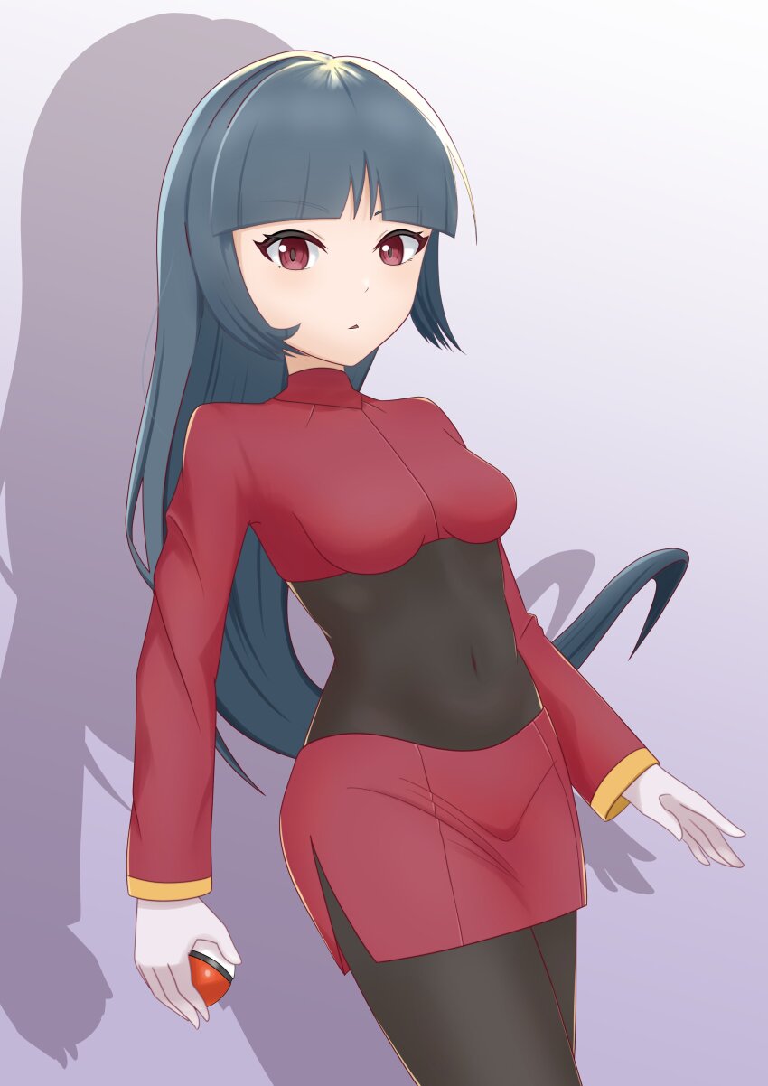 1girl, absurdres, black_bodysuit, blue_hair, blunt_bangs, bodysuit, bodysuit_under_clothes, breasts, cropped_jacket, dark_blue_hair, gloves, hatoro_kuroyoshi, highres, hime_cut, holding, holding_poke_ball, jacket, long_hair, long_sleeves, medium_breasts, nintendo, poke_ball, poke_ball_(basic), pokemon, pokemon_firered_and_leafgreen, red_eyes, red_jacket, red_skirt, sabrina_(pokemon), side_slit, skirt, solo, turtleneck, turtleneck_jacket, white_gloves