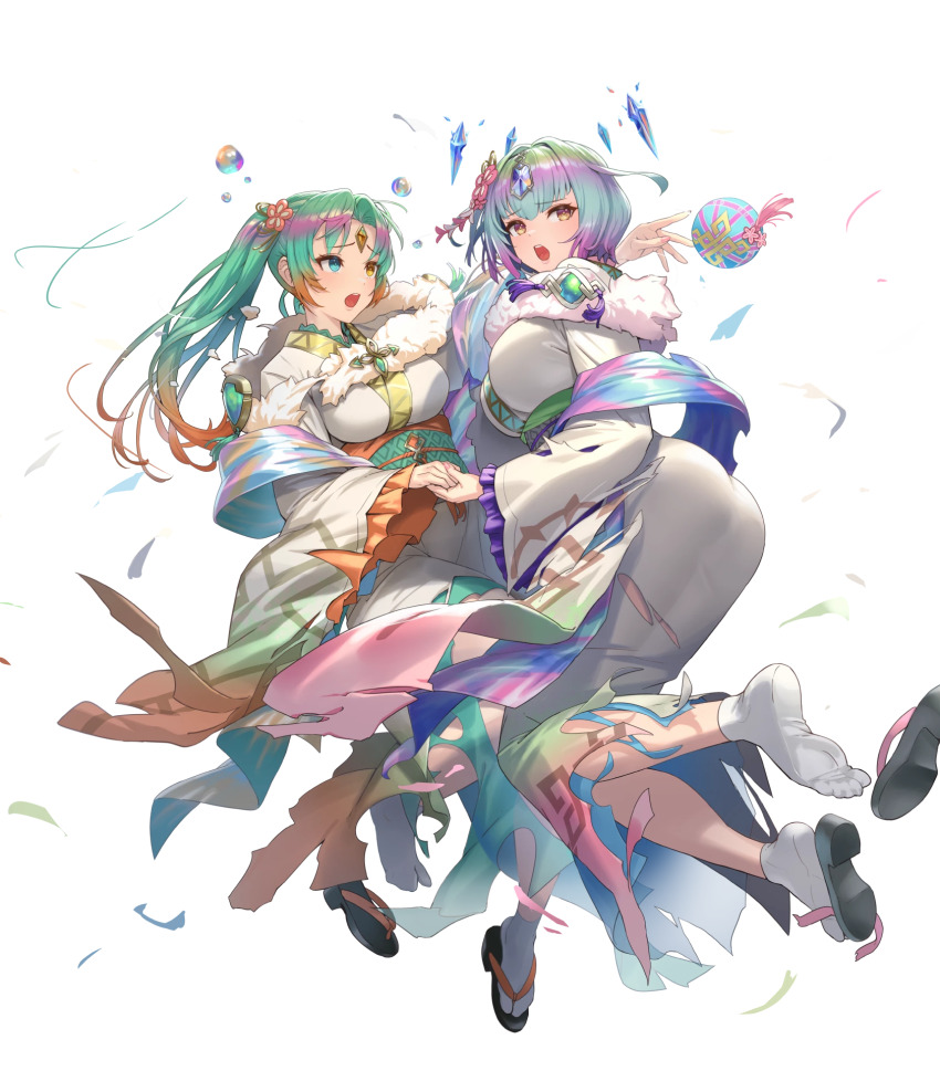 2girls, ahoge, aqua_eyes, ass, ball, breasts, bubble, crystal, cuboon, fire_emblem, fire_emblem_heroes, forehead_jewel, full_body, heidr_(fire_emblem), heidr_(new_year)_(fire_emblem), highres, holding, holding_ball, japanese_clothes, jewelry, kimono, large_breasts, looking_to_the_side, multicolored_hair, multiple_girls, nintendo, non-web_source, obi, official_alternate_costume, official_art, open_mouth, parted_lips, purple_hair, sandals, sash, second-party_source, seidr_(fire_emblem), seidr_(new_year)_(fire_emblem), short_hair, smile, solo, tabi, teeth, torn_clothes, white_background, yellow_eyes, zouri